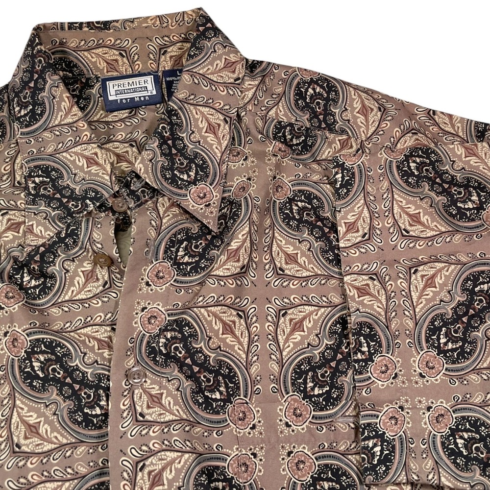 Premier International Large Brown Paisley Button‎ Down Short Sleeve Boho Retro